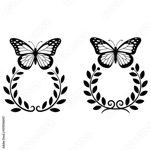 Vector art of two butterfly and laurel wreath designs isolated on white background silhouette
