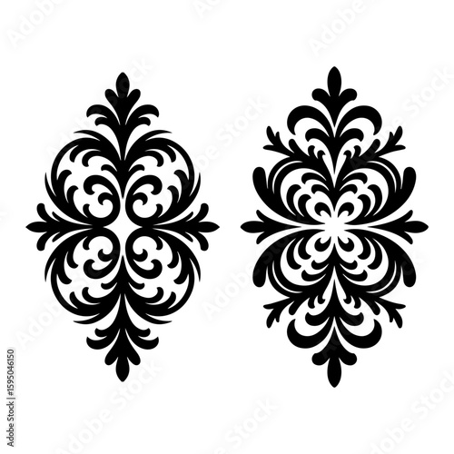 Vector art of two elegant damask ornaments are isolated on white background silhouette