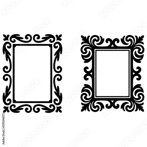 Vector art of two ornate picture frames with vintage designs are isolated on white background silhouette