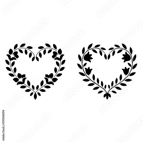 Vector art of two floral heart wreaths create a romantic and elegant design element isolated on white background silhouette