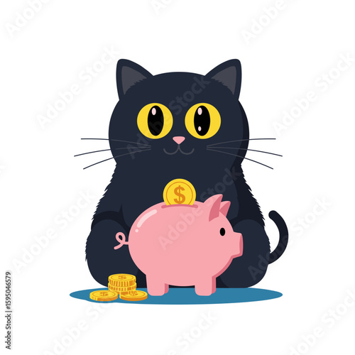 Flat icon of fluffy black cat with round yellow eyes saving gold coins into piggy bank
