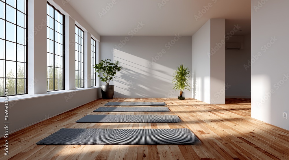 Fototapeta premium Une salle d'activités physiques minimaliste avec parquet en bois, de grandes fenêtres sur le côté gauche, lumière naturelle et quatre tapis gris disposés devant un mur vide avec plantes vertes.