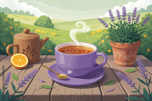 Digital Illustration A Peaceful Tea Time Scene with Lavender and Orange Accents