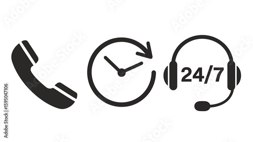 A Minimalist Black and White Icon Set for Support Services around the Clock, featuring call services, time, and customer assistance. 