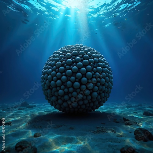 Underwater scene with a large spherical object composed of small spheres resting on the ocean floor. Sunlight filters through clear blue water, illuminating the surreal seascape.