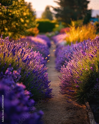 A blooming lavender path in a garden during golden hour. Rows of vibrant purple flowers on both sides of a narrow walkway, with soft evening light and a natural landscape background.