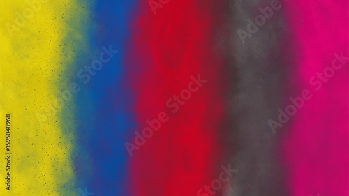 Seamless looping animation of vertical 5 colorful smoke or powder stripes, featuring yellow, blue, red, black, and magenta, perfect for vibrant and abstract backgrounds.