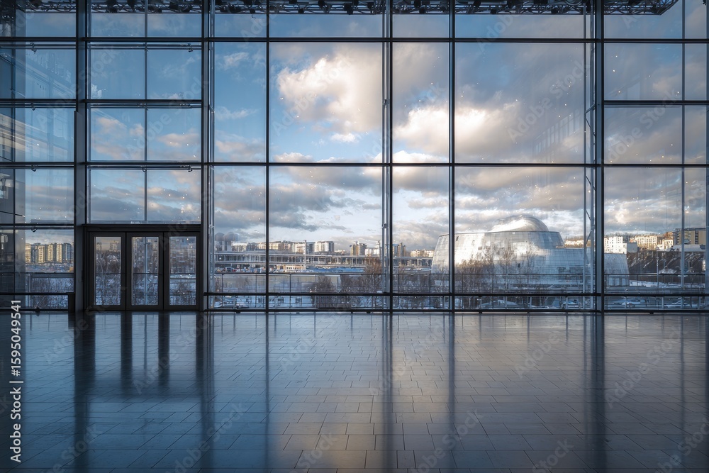 Fototapeta premium Empty modern hall with panoramic windows