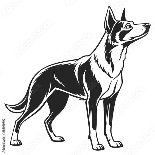 A black and white illustration of a german shepherd dog