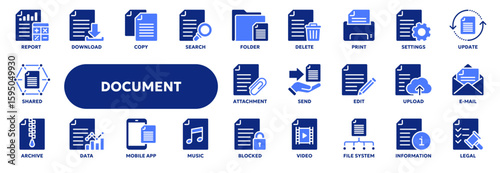 Set of vector solid icons related to business office documents and papers, accounting and audit, computer file system. Symbols for web or app UI, logo design, illustration