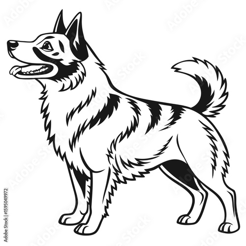 A husky dog stands with its mouth open, panting