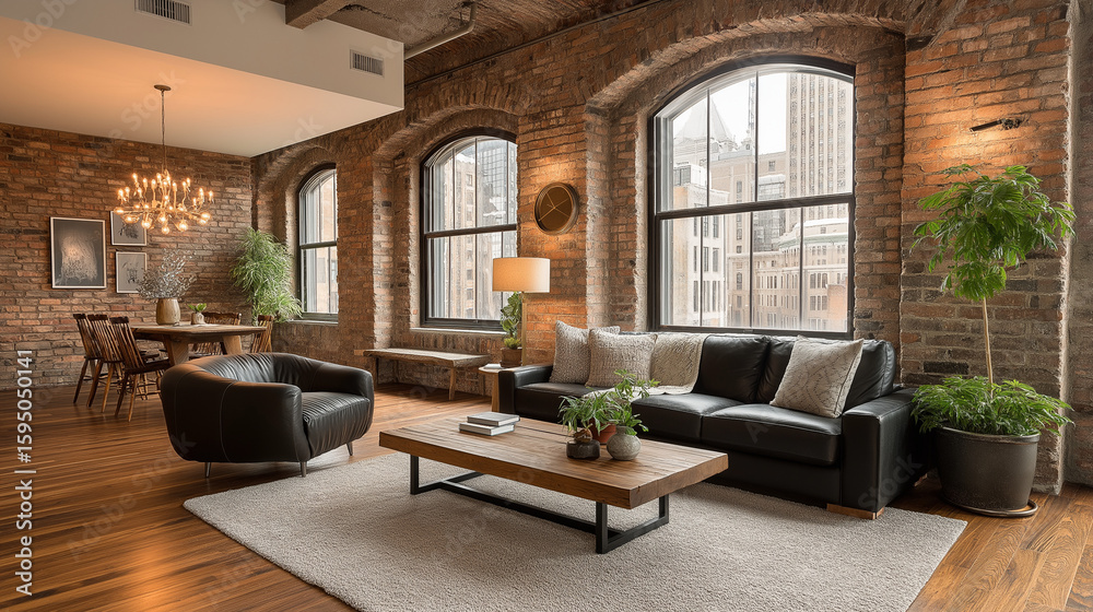 Fototapeta premium Spacious loft apartment with exposed brick walls and large windows in urban setting