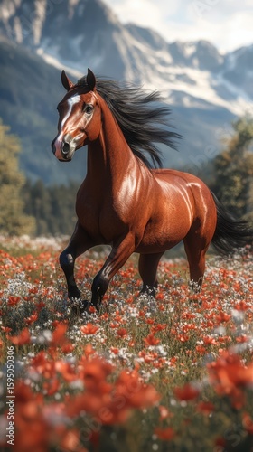 Majestic horse galloping through vibrant wildflowers in a breathtaking mountain landscape