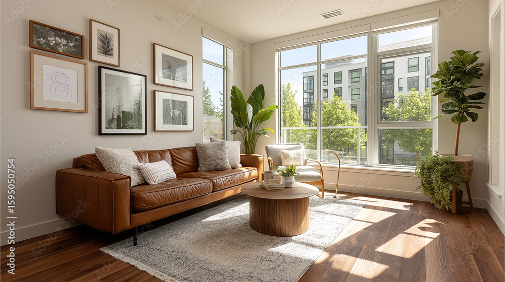 Fototapeta premium Sunlit Living Room with Brown Leather Sofa and Modern Decor creating a inviting ambiance