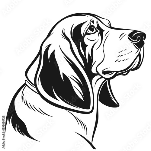 A black and white illustration of a basset hounds head in profile