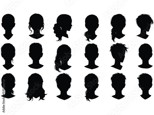 Collection of diverse minimalist black and white head silhouettes; various hairstyles, genders, and profiles.

