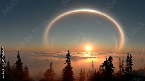 Majestic sunset and halo phenomenon over forested mountain landscape nature photography serene environment awe-inspiring view