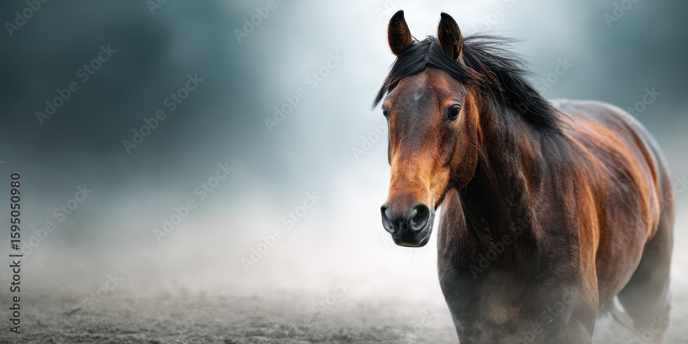 Fototapeta premium Majestic horse walking through misty landscape at dawn with soft light illuminating its features and the serene atmosphere