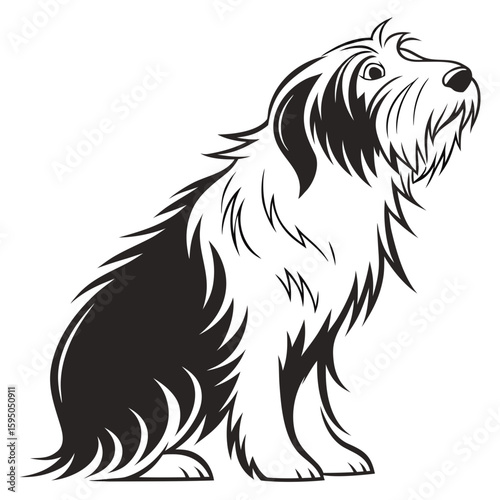 Cute sheepdog sitting sideways, black and white illustration