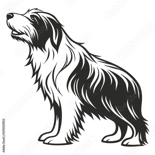 Fluffy sheepdog sitting in profile, black and white art