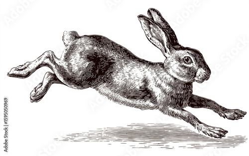 Vintage Engraved Illustration of Running Rabbit with Clean Lines on White Background
