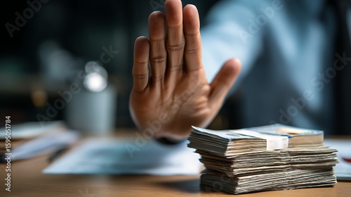Rejecting Stack of Cash with Hand Gesture in Business Setting