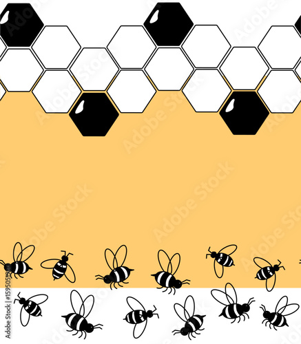 Bees and honeycombs Horizontal seamless border frame template. Vector graphic line illustration. Apiculture decoration, beekeeping frame. Cartoon insects flying in abstract bloom.