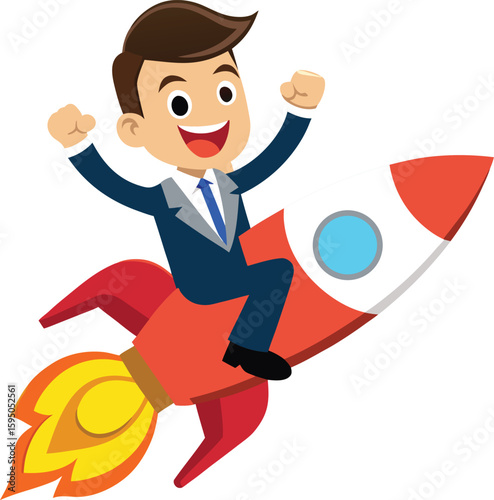 Businessman riding rocket achieving success and flying high with enthusiasm
