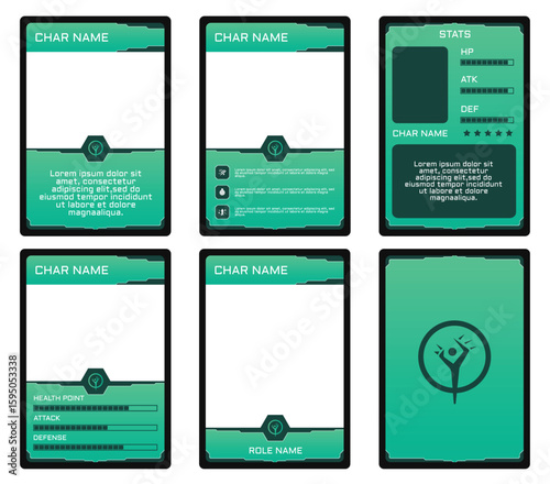 Professional Vector Game UI Kit: Customizable Card Templates for RPG & Sci-Fi Games, with green color combination