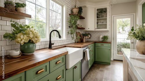 Charming kitchen featuring wooden countertops, green cabinetry, and abundant natural light creates