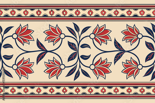 Floral border with red and blue motifs red flowers blue leaves