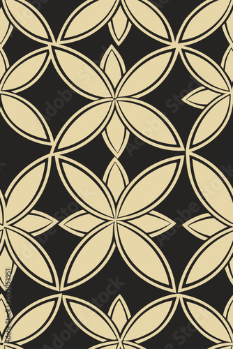 Geometric floral pattern with beige petals on black seamless
