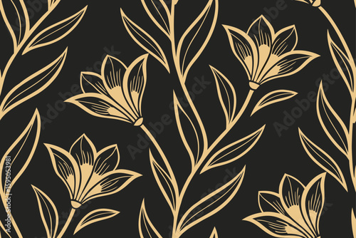 Golden floral art deco pattern botanical