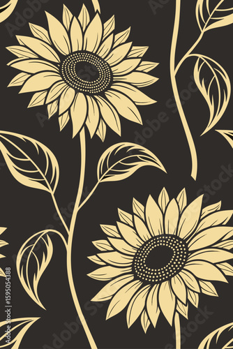 Golden sunflowers with leaves on dark background yellow floral