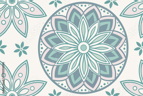 Teal and pink floral mandala pattern on white seamless