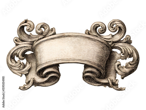 Rolled Paper Ribbon Scroll with Text Space and Flourish Corners, Side Angle Sketch, Isolated on Transparent Background.png