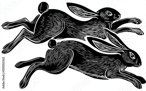 Vintage Line Art of Leaping Rabbits, Simple Linocut Style Illustration
