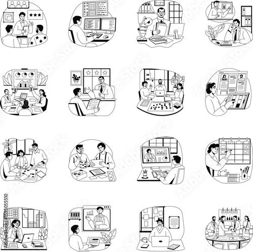 Office Work and Team Collaboration Glyph Illustrations
