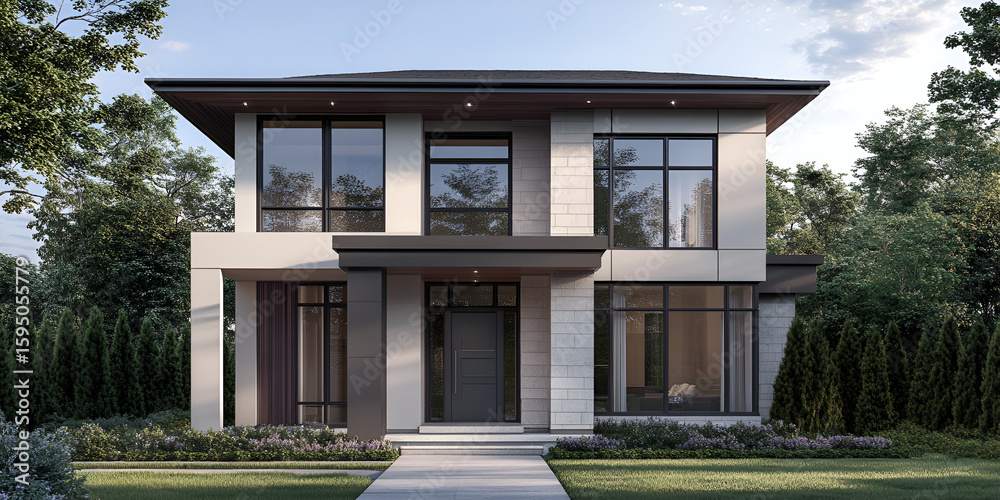 Obraz premium Modern two-story house with large windows, a flat roof, and manicured lawn surrounded by trees.