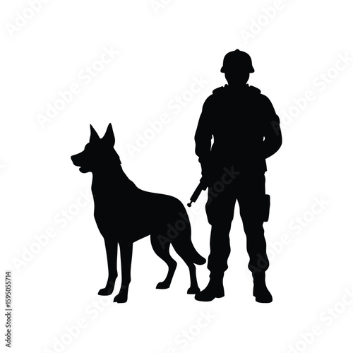 Military working dog beside soldier silhouette