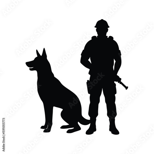 Military working dog beside soldier vector silhouette