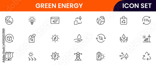 Green energy vector web line icon collection, sleek illustrations of solar panels, wind turbines, eco-tech for sustainable, green designs.