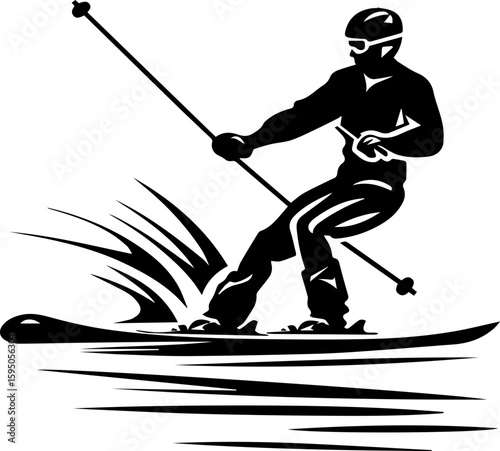 Water Skiing Silhouette Vector Illustration on Waves