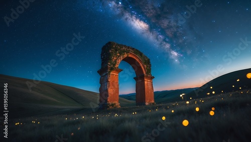 Historic Stone Arch Silhouette Against Milky Way Galaxy Night Sky