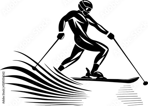 Water Skiing Silhouette Vector Illustration on Waves