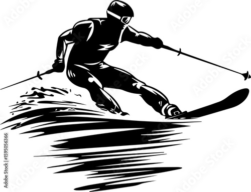 Water Skiing Silhouette Vector Illustration on Waves
