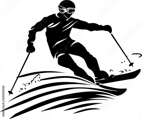 Water Skiing Silhouette Vector Illustration on Waves