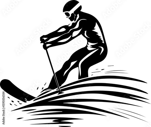Water Skiing Silhouette Vector Illustration on Waves