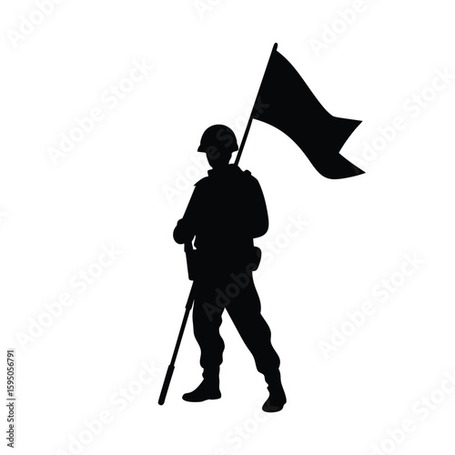 Soldier holding flag tightly vector silhouette