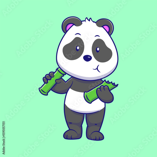 A cute cartoon panda standing while happily eating bamboo, designed in a playful and colorful style, perfect for representing wildlife, nature, and Asian forest themes.
